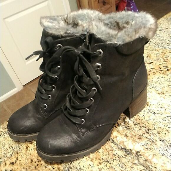 Steve Madden Comfort Faux Fur Trim Lace Up Combat Ankle Boots Bootie Black 9 - Picture 4 of 12